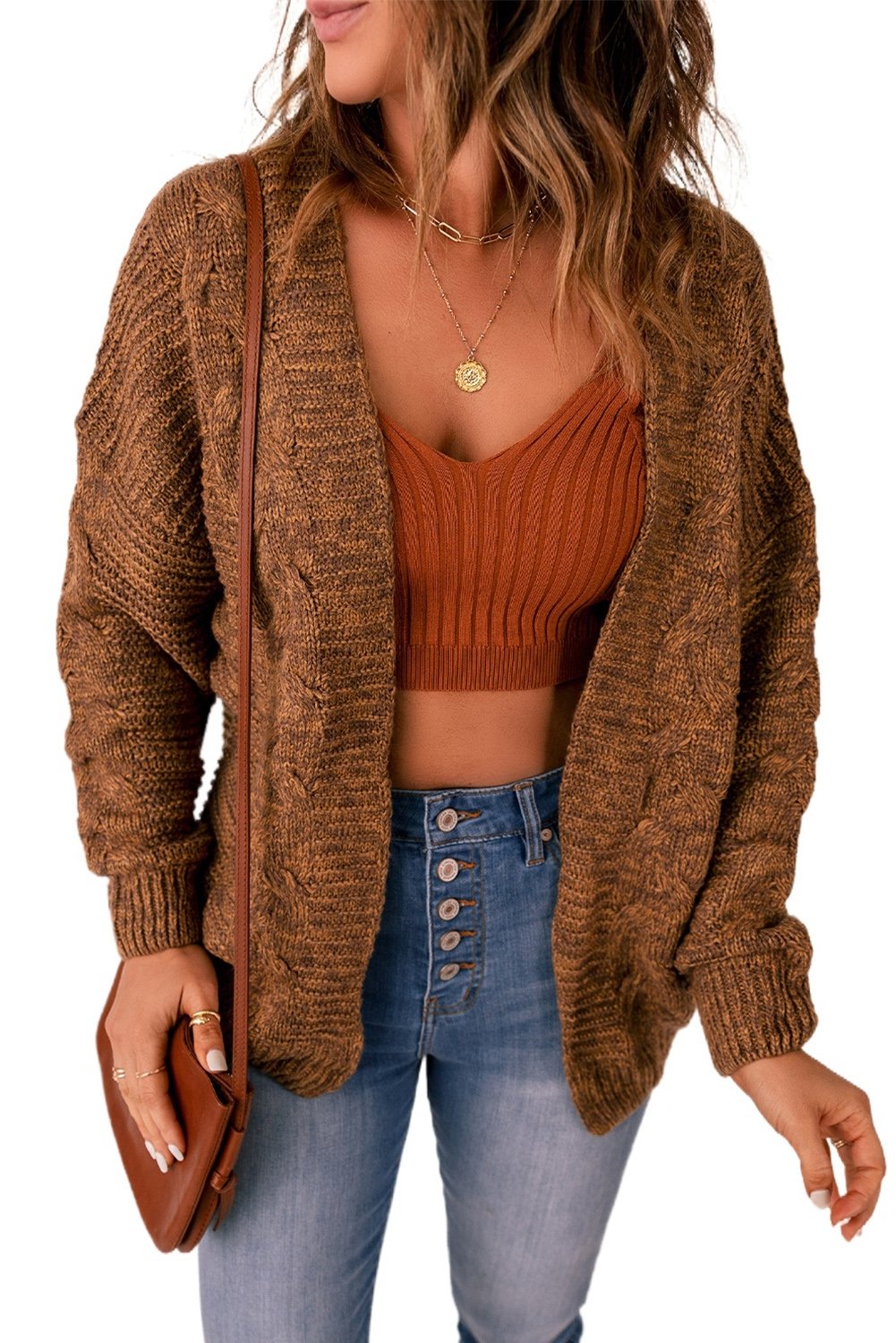 Brown Chunky Wide Long Sleeve Knit Cardigan - DunbiBeauty, LLC