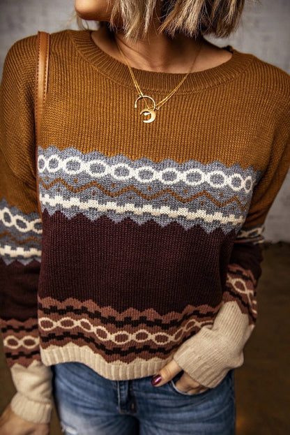 Brown Printed Crew Neck Knit Sweater - DunbiBeauty, LLC