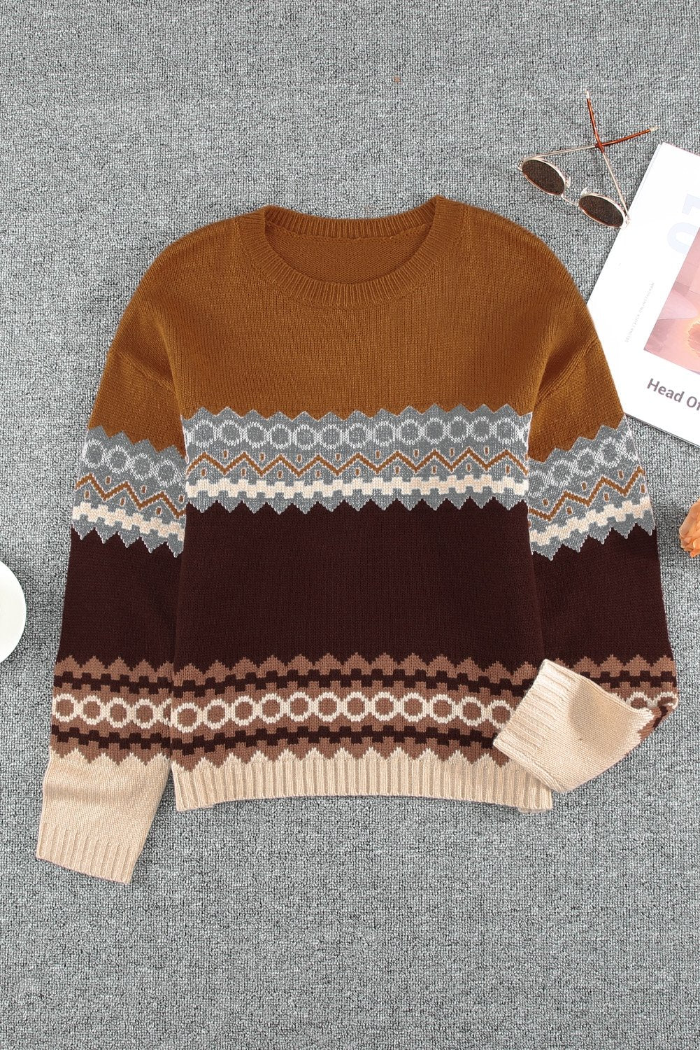 Brown Printed Crew Neck Knit Sweater - DunbiBeauty, LLC