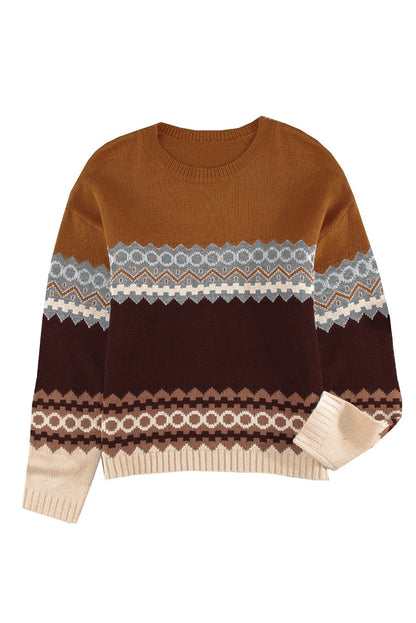 Brown Printed Crew Neck Knit Sweater - DunbiBeauty, LLC