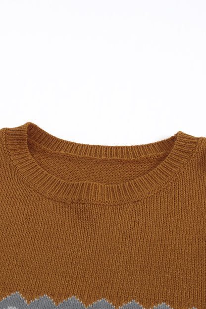 Brown Printed Crew Neck Knit Sweater - DunbiBeauty, LLC