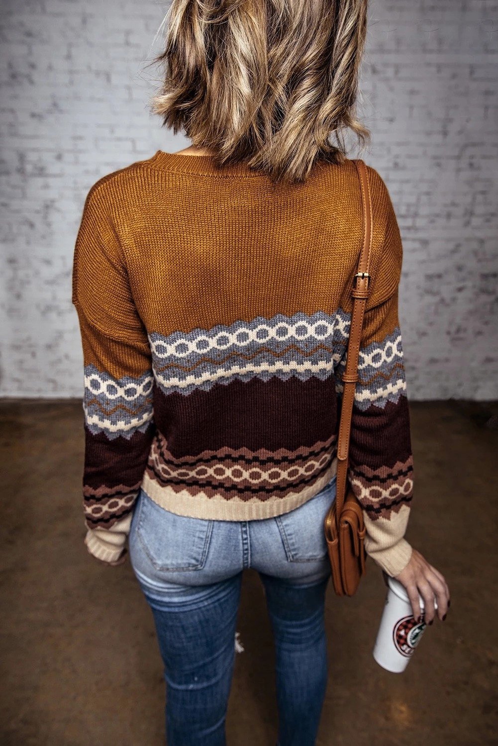 Brown Printed Crew Neck Knit Sweater - DunbiBeauty, LLC