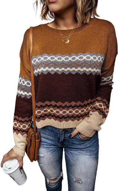 Brown Printed Crew Neck Knit Sweater - DunbiBeauty, LLC