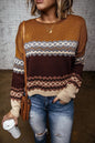 Brown Printed Crew Neck Knit Sweater - DunbiBeauty, LLC