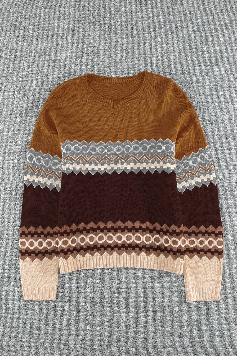 Brown Printed Crew Neck Knit Sweater - DunbiBeauty, LLC