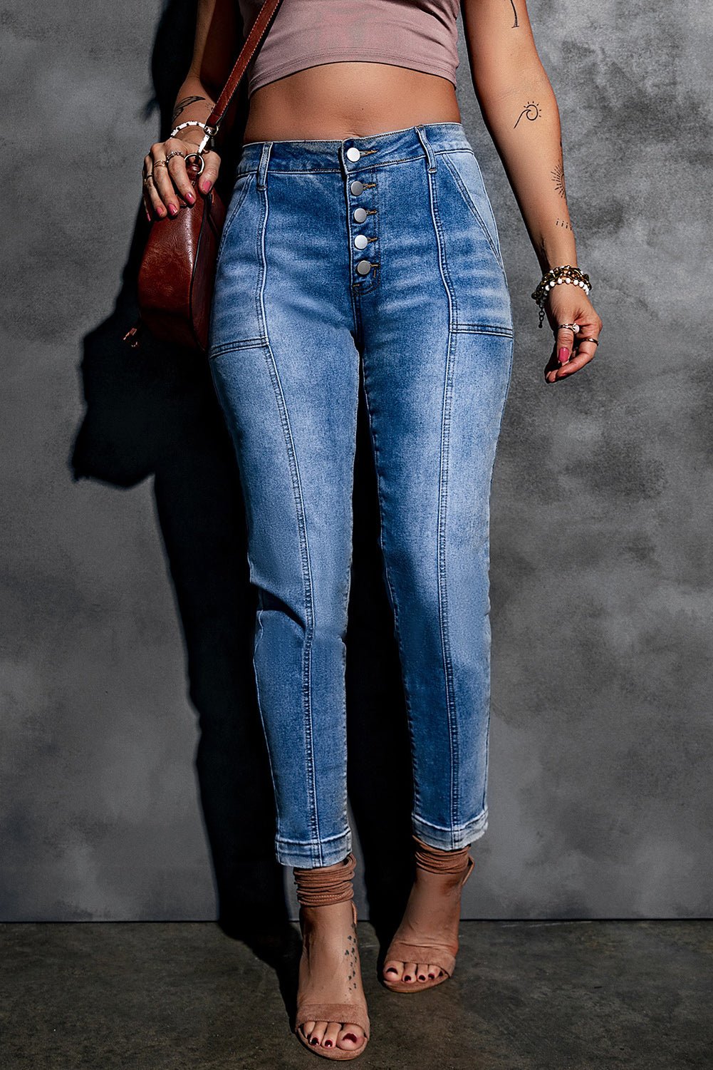 Button Fly Center Seam High Rise Jeans - DunbiBeauty, LLC