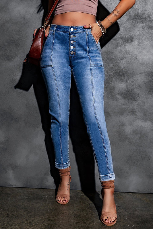 Button Fly Center Seam High Rise Jeans - DunbiBeauty, LLC