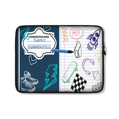 Laptop Padded Lined Bag｜Polyester -Back to School, Composition Notebook Style, Doodles, Scribbles, Writing, Boy, Blue (Designed by Dunbi)