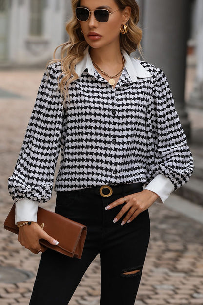 Printed Collared Neck Lantern Sleeve Shirt