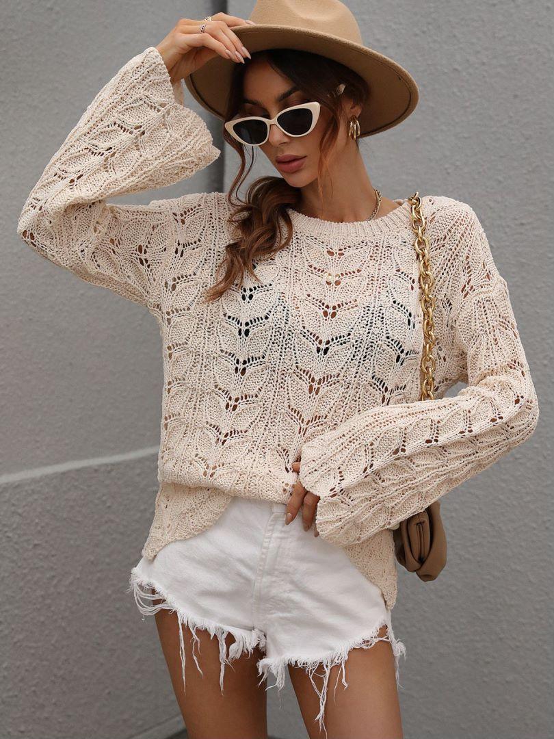 Openwork Dropped Shoulder Knit Top Trendsi