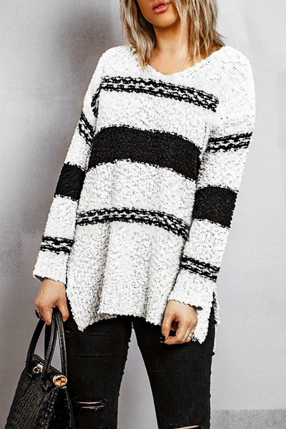 Striped Colorblock V Neck Long Sleeve Knitted Sweater Kiwidrop