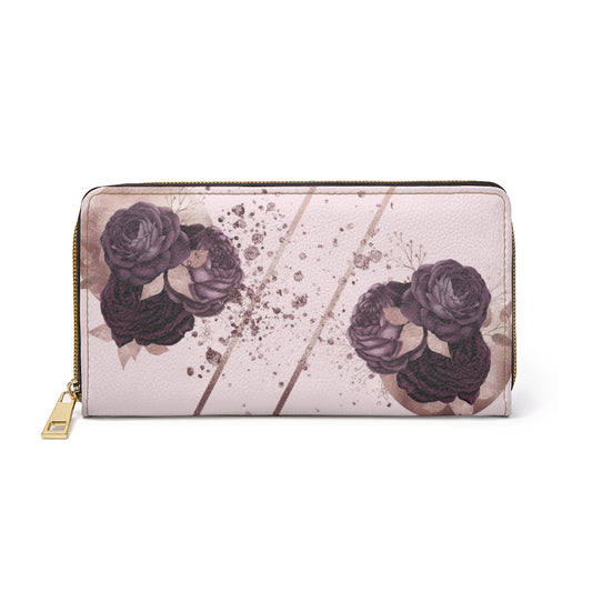 Women's Pink Zipper Wallet with Purple Flowers Printify