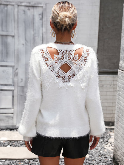 Lace Detail Cutout Long Sleeve Pullover Sweater