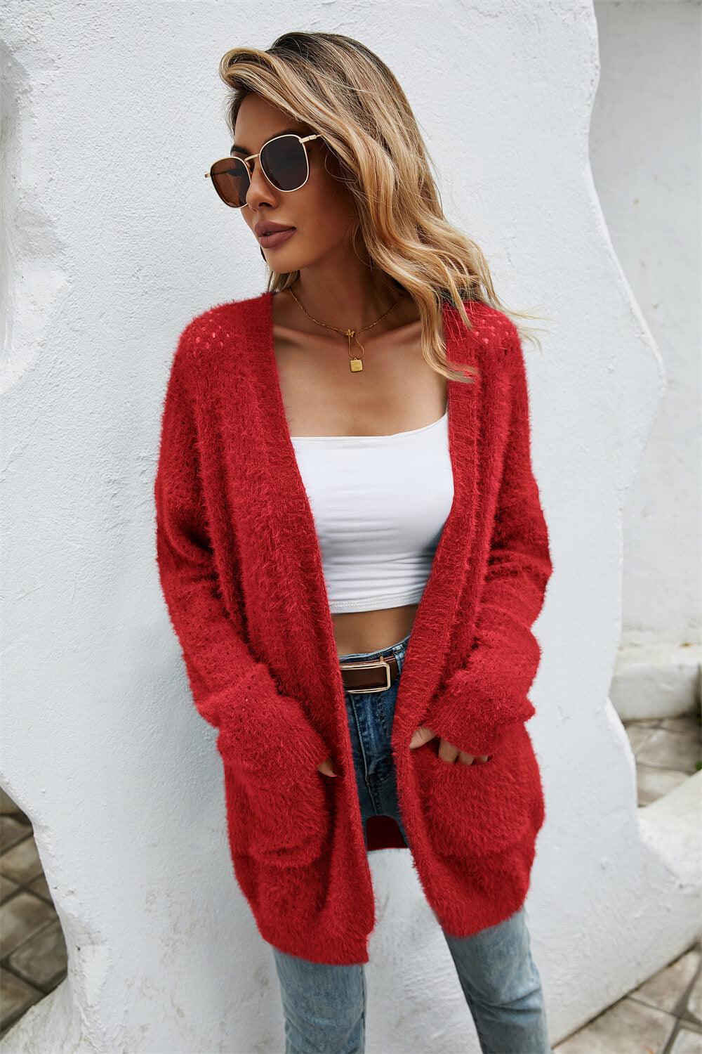 Open Front Openwork Fuzzy Cardigan with Pockets Trendsi