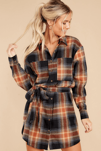 Plaid Chest Pocket Shirt Mini Dress With Belt Kiwidrop