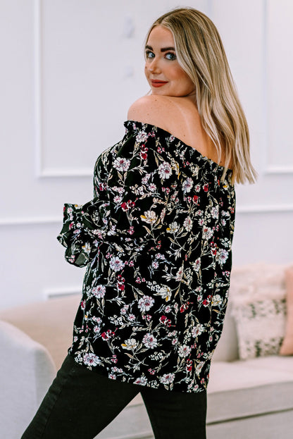 Plus Size Floral Frilled Off-Shoulder Blouse