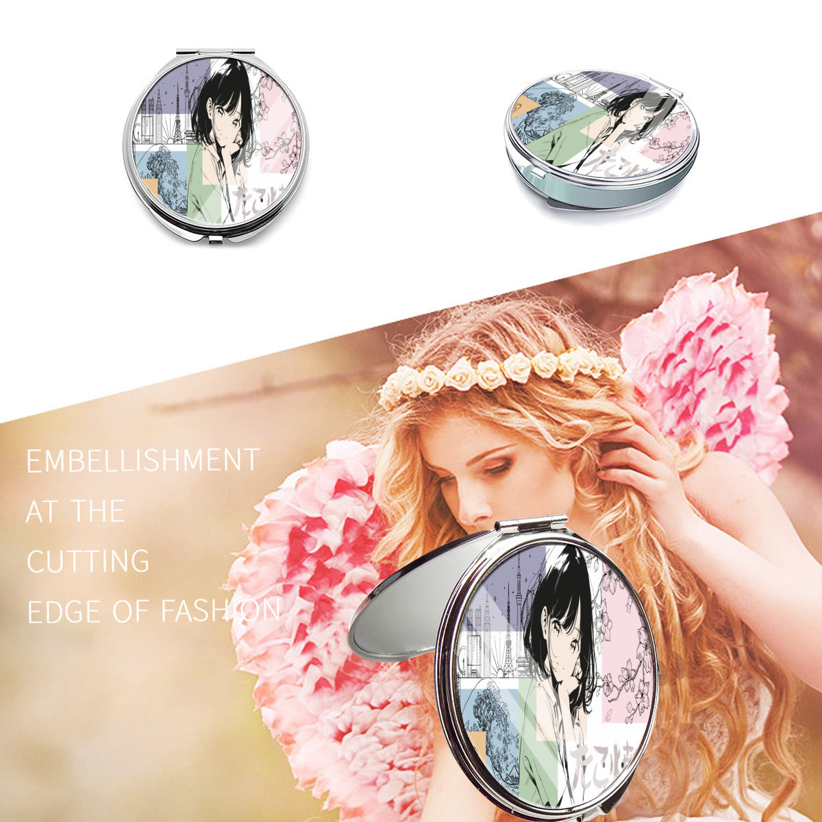 Portable Cosmetic Mirror｜Stainless Steel - Japanese, Japan, Girl, Kawaii, Cute, Anime, Manga Style, Peace, Sushi, Tokyo, Cherry Blossoms (Designed by Dunbi)