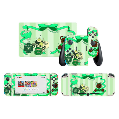 Nintendo Switch Game Console Stickers ｜PVC - Cute Teddy Bear, Tea Party, Ribbon, Bows, Cakes, Cute, Victorian, Doll, Cute Girl, Green Style 1, Stripes (Designed by Dunbi)