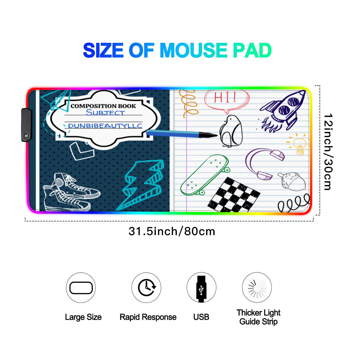 Multi-Interface Lighted Mouse Pad｜Rubber - Back to School, Composition Notebook Style, Doodles, Scribbles, Writing, Boy, Blue (Designed by Dunbi)