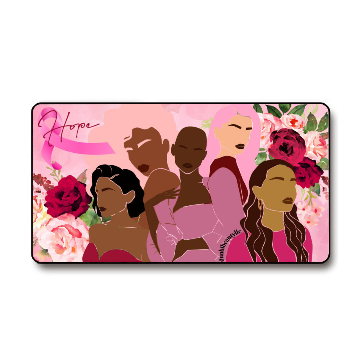 Black Lock Edge Mouse Pad (16×30inch)｜Polyester -Unity, Hope, Pink, Hot Pink, Burgundy, Roses, Breast Cancer Awareness, Women, Black, Hispanic, White, Hair, Smooth (Designed by Dunbi)