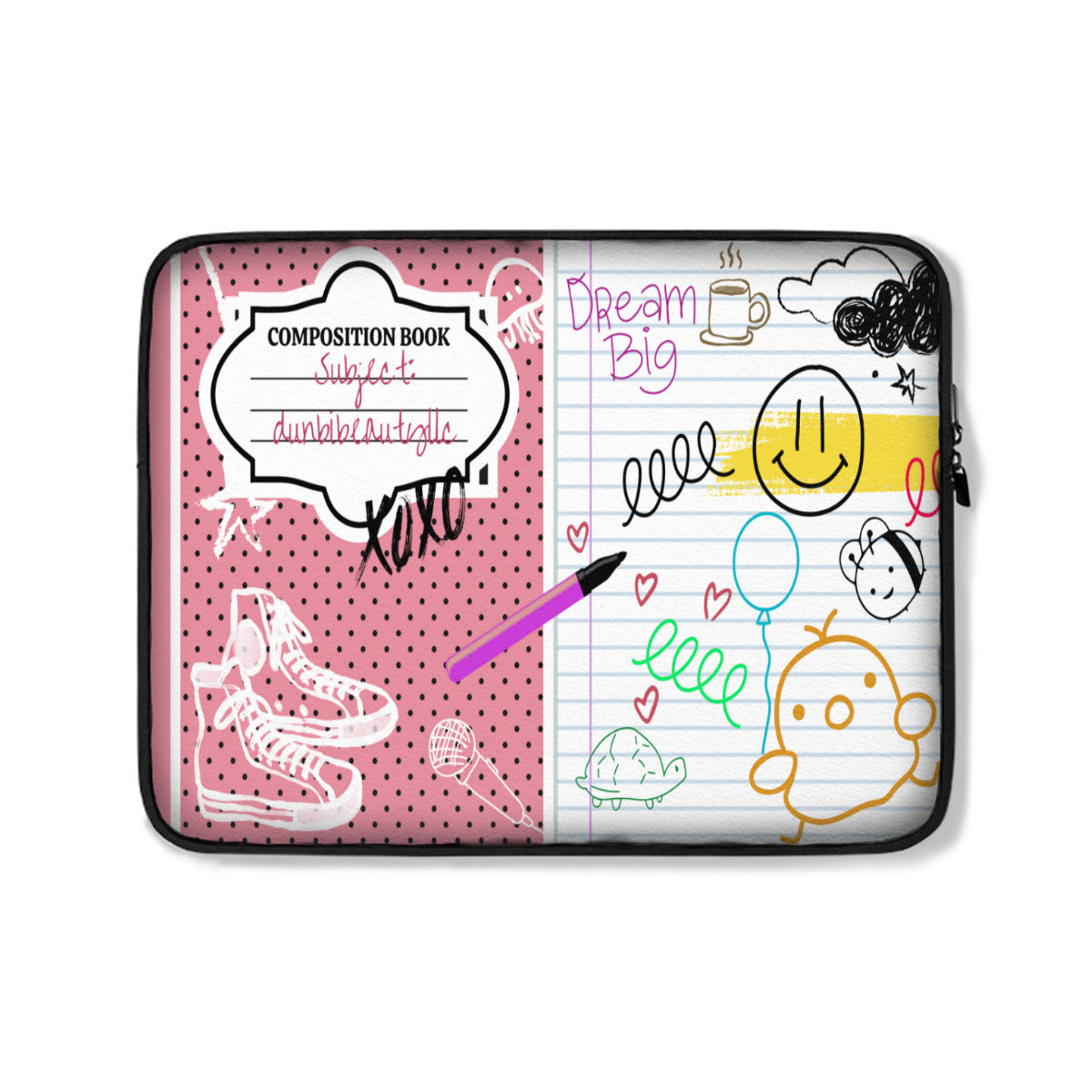 Laptop Padded Lined Bag｜Polyester - Back to School, Composition Notebook Style, Doodles, Scribbles, Writing, Girl, Pink (Designed by Dunbi)