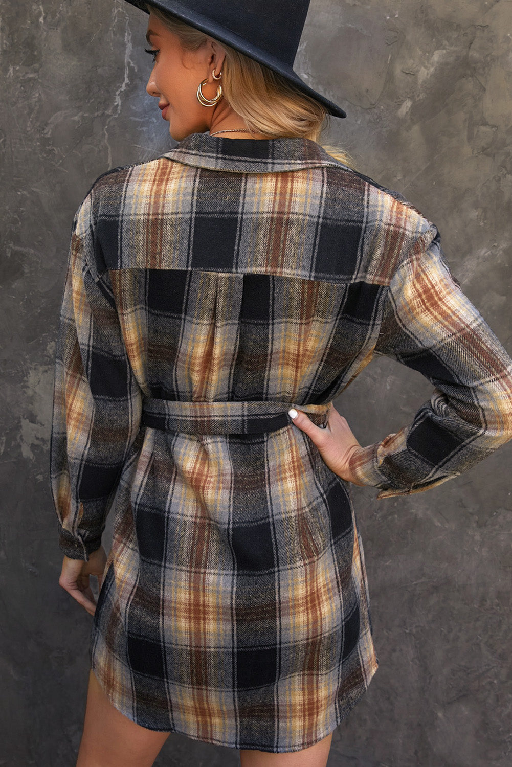 Plaid Tie Waist Button Down Shirt Dress Trendsi