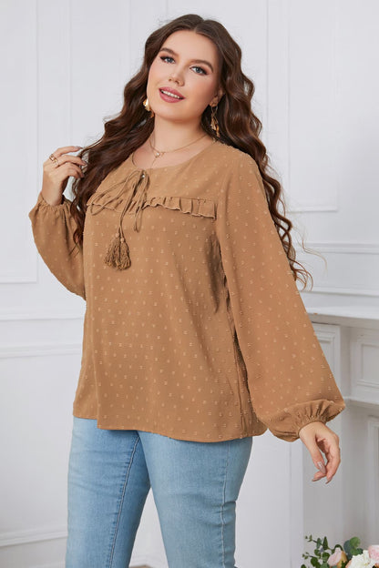 Plus Size Swiss Dot Frill Trim Round Neck Blouse