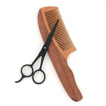 Men Intensive Wooden Beard Comb Scissors Two-piece Set Mustache Grooming Brushes Hypersku