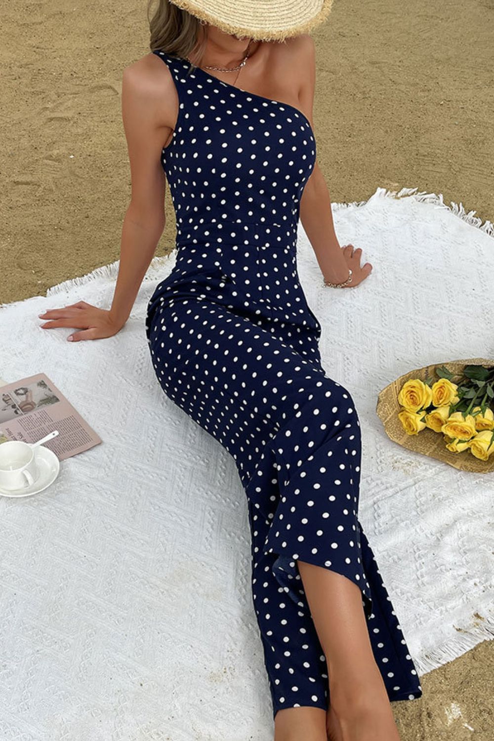 Polka Dot One-Shoulder Jumpsuit Trendsi