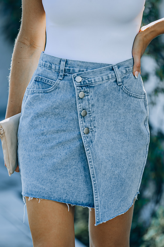 Sky Blue Buttons Asymmetric Denim Mini Skirt Kiwidrop