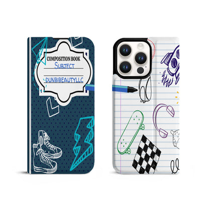 Phone14 Flip Phone Case (Triple Camera)｜ PU - Back to School, Composition Notebook Style, Doodles, Scribbles, Writing, Boy, Blue (Designed by Dunbi)