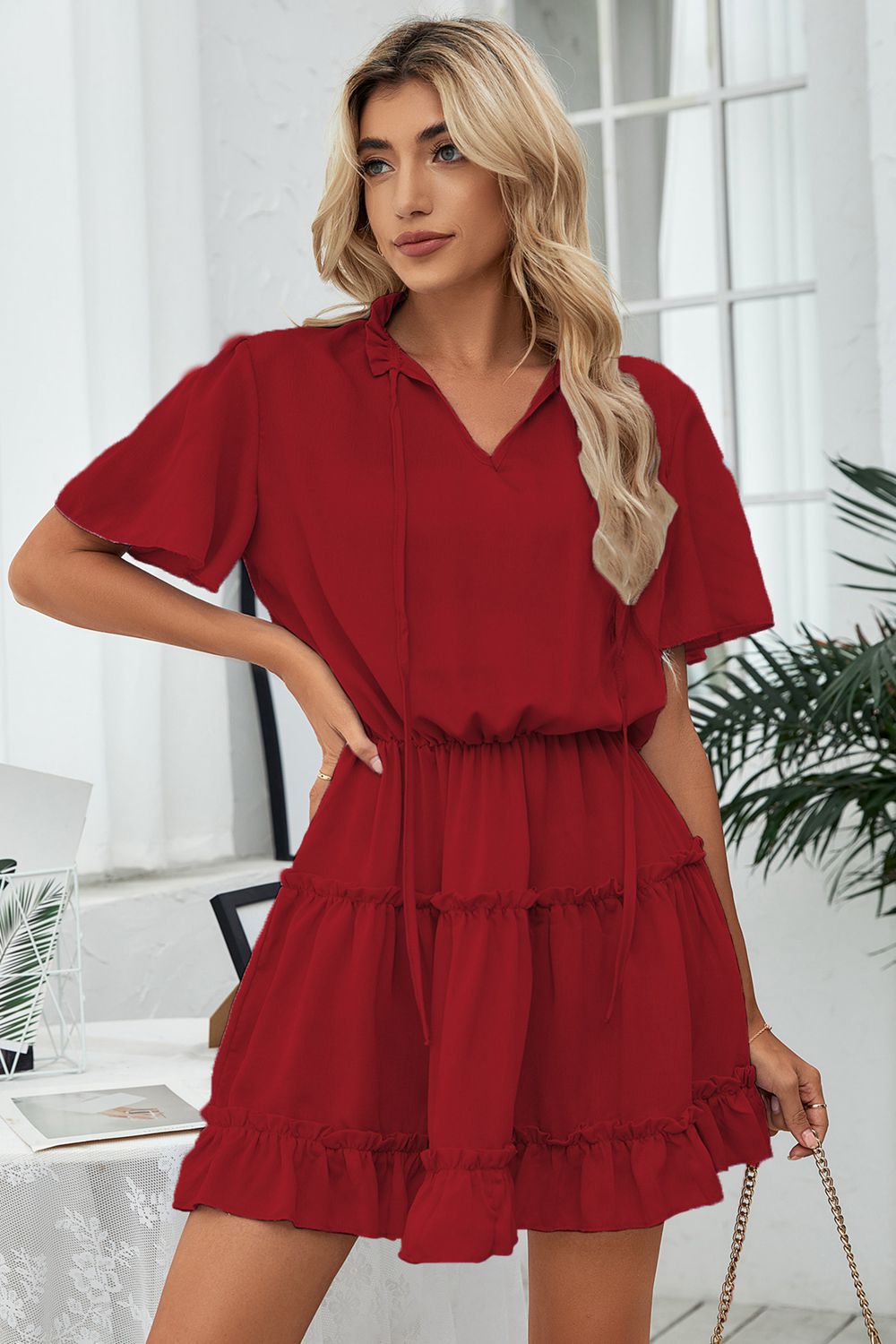 Tie Neck Frill Trim Short Sleeve Mini Dress