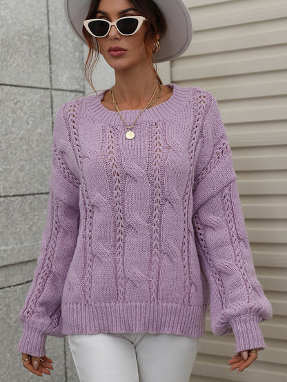 Cable-Knit Openwork Round Neck Sweater - DunbiBeauty, LLC