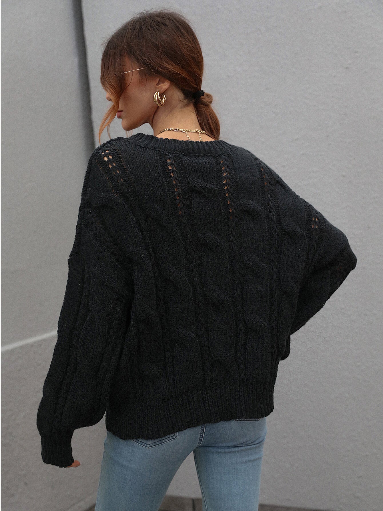 Cable-Knit Openwork Round Neck Sweater - DunbiBeauty, LLC