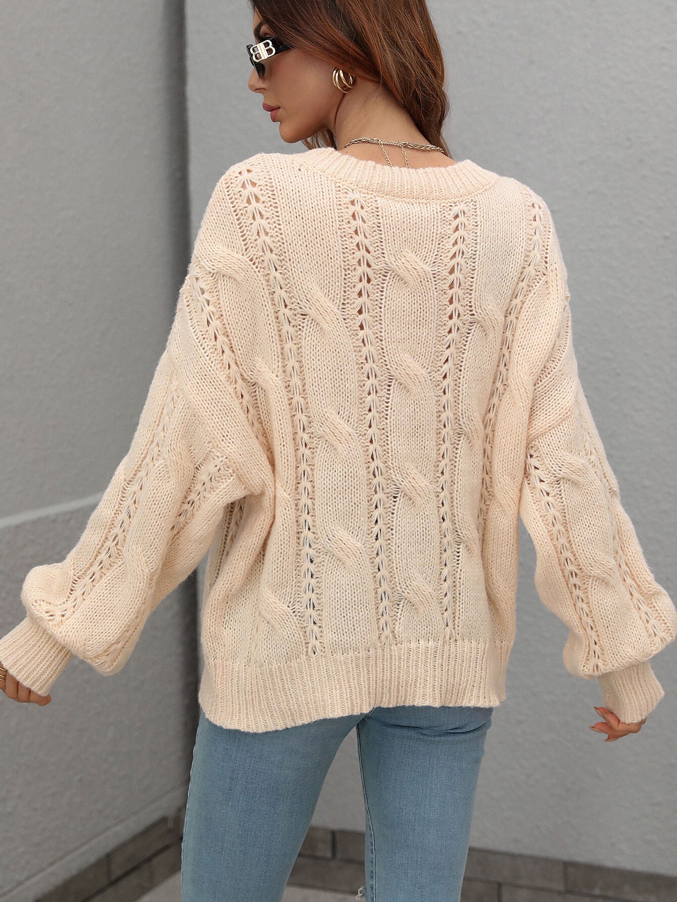 Cable-Knit Openwork Round Neck Sweater - DunbiBeauty, LLC