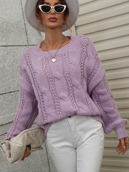 Cable-Knit Openwork Round Neck Sweater - DunbiBeauty, LLC