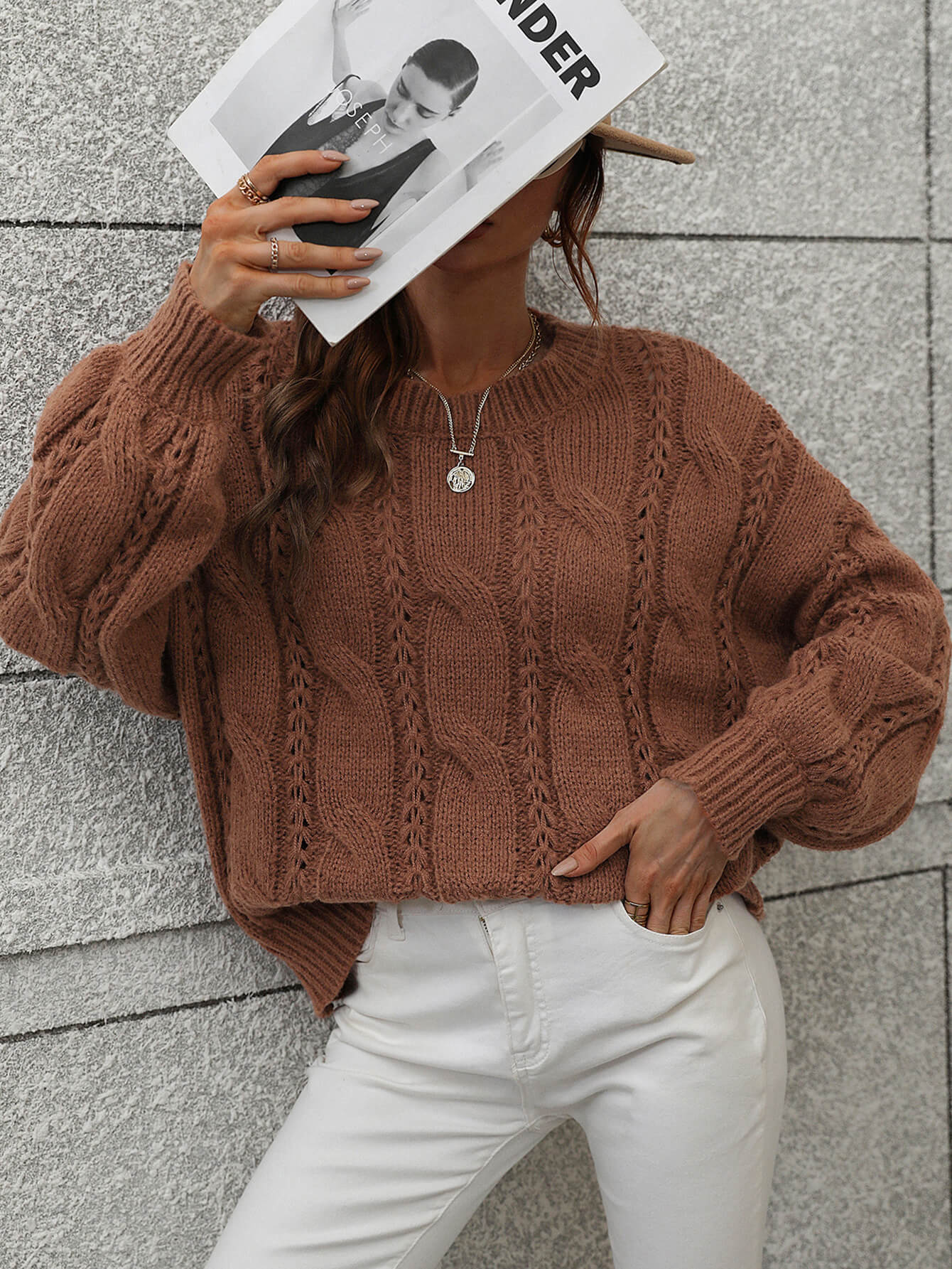 Cable-Knit Openwork Round Neck Sweater - DunbiBeauty, LLC