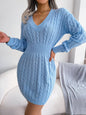 Cable-Knit V-Neck Mini Sweater Dress - DunbiBeauty, LLC