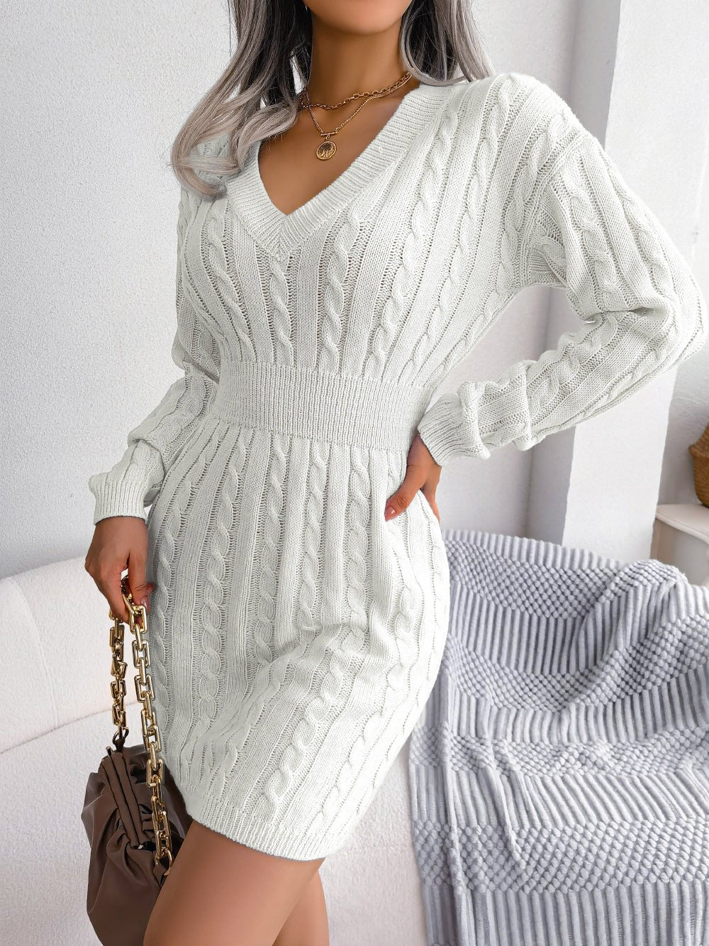 Cable-Knit V-Neck Mini Sweater Dress - DunbiBeauty, LLC