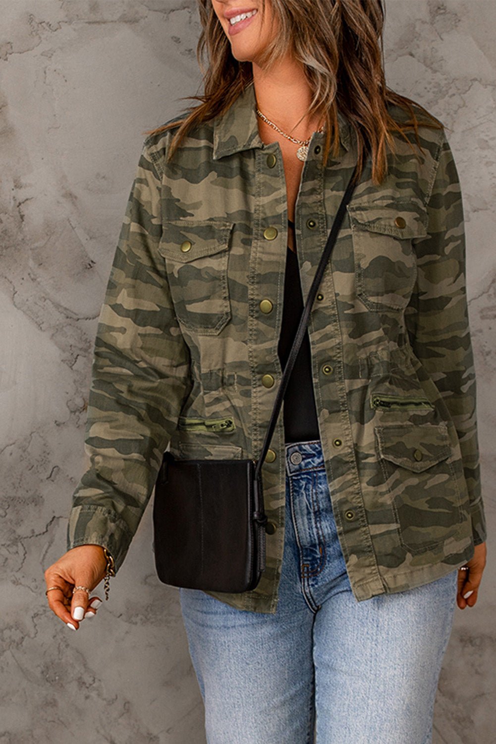 Camouflage Snap Down Jacket - DunbiBeauty, LLC