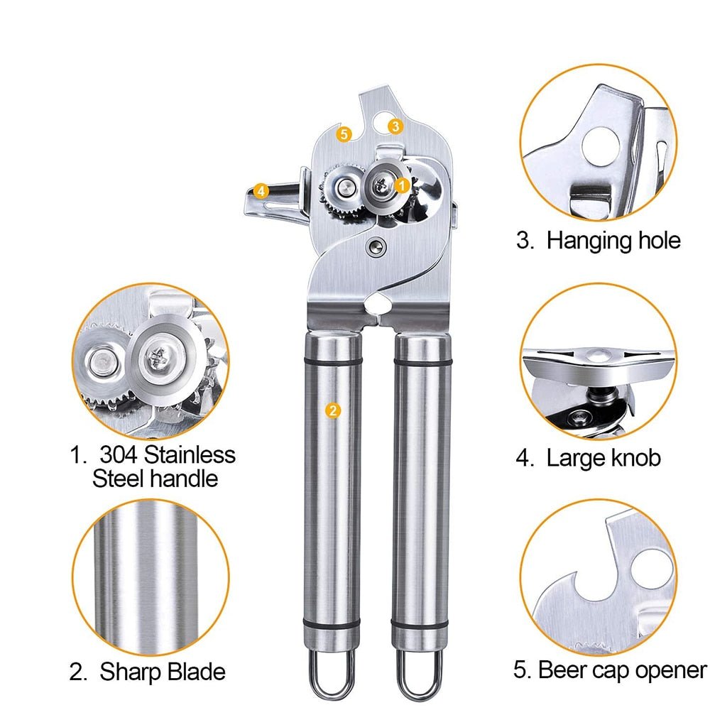 Can Opener Kitchen Accessories Gadget Sets Bottle Openers Stainless Steel Ergonomic Manual Kitchen Tools Free 2 Blades - DunbiBeauty, LLC