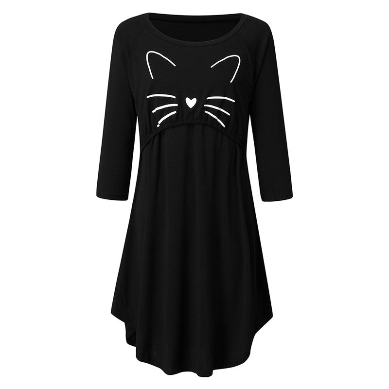 Cat Print Round Neck Maternity Pajama Dress - DunbiBeauty, LLC