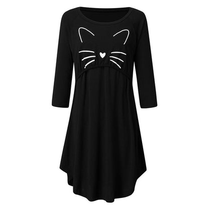 Cat Print Round Neck Maternity Pajama Dress - DunbiBeauty, LLC