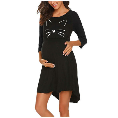 Cat Print Round Neck Maternity Pajama Dress - DunbiBeauty, LLC