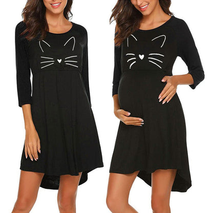 Cat Print Round Neck Maternity Pajama Dress - DunbiBeauty, LLC