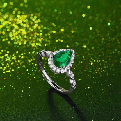 Green Teardrop-Shaped 925 Sterling Silver Adjustable Rings