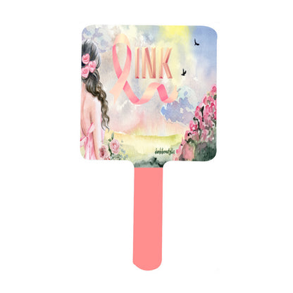 Handle Square Mirror｜Rubber -Pastel Pink, Breast Cancer Awareness, Open Field, Day, Birds, Flowers, Bows and Ribbons, Watercolor Sunlight (Designed by Dunbi)