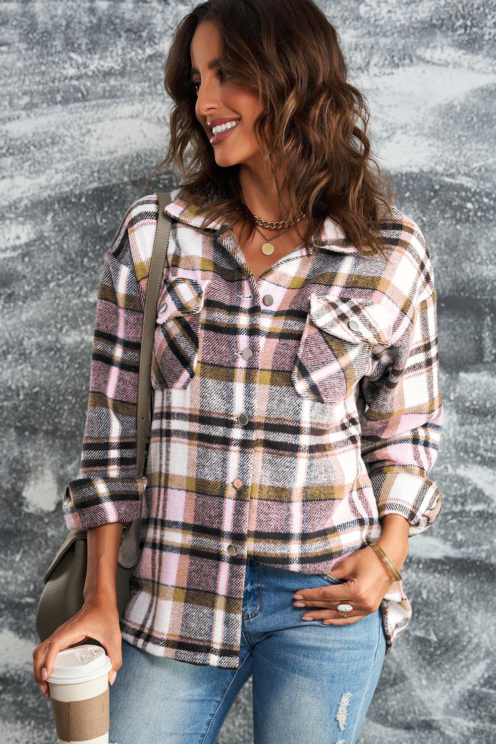 Plaid Button Front Shirt Jacket with Breast Pockets Trendsi