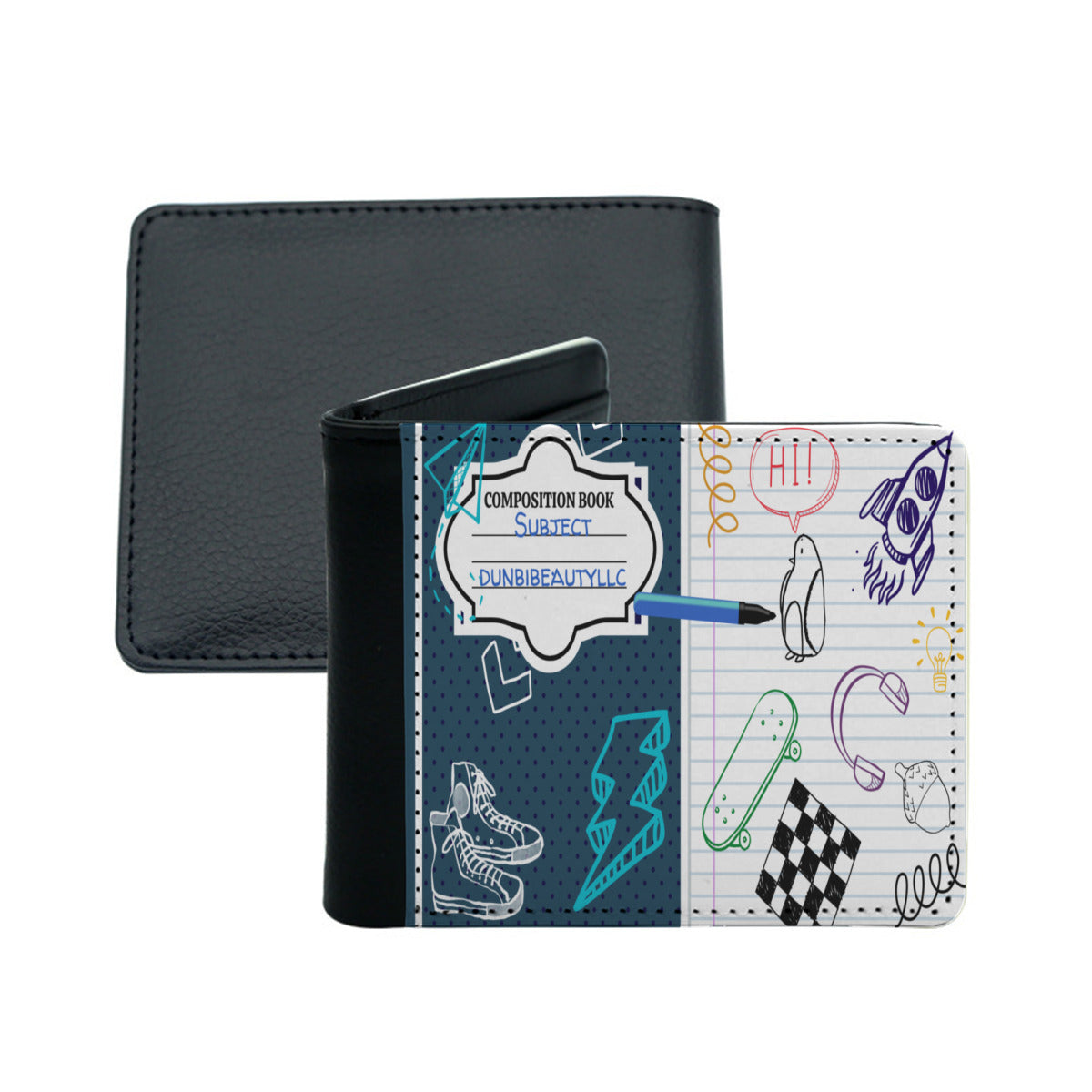 Customized Men's Wallet｜PU - Back to School, Composition Notebook Style, Doodles, Scribbles, Writing, Boy, Blue (Designed by Dunbi)