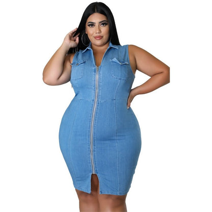 Collared Neck Sleeveless Denim Dress with Zippper - DunbiBeauty, LLC